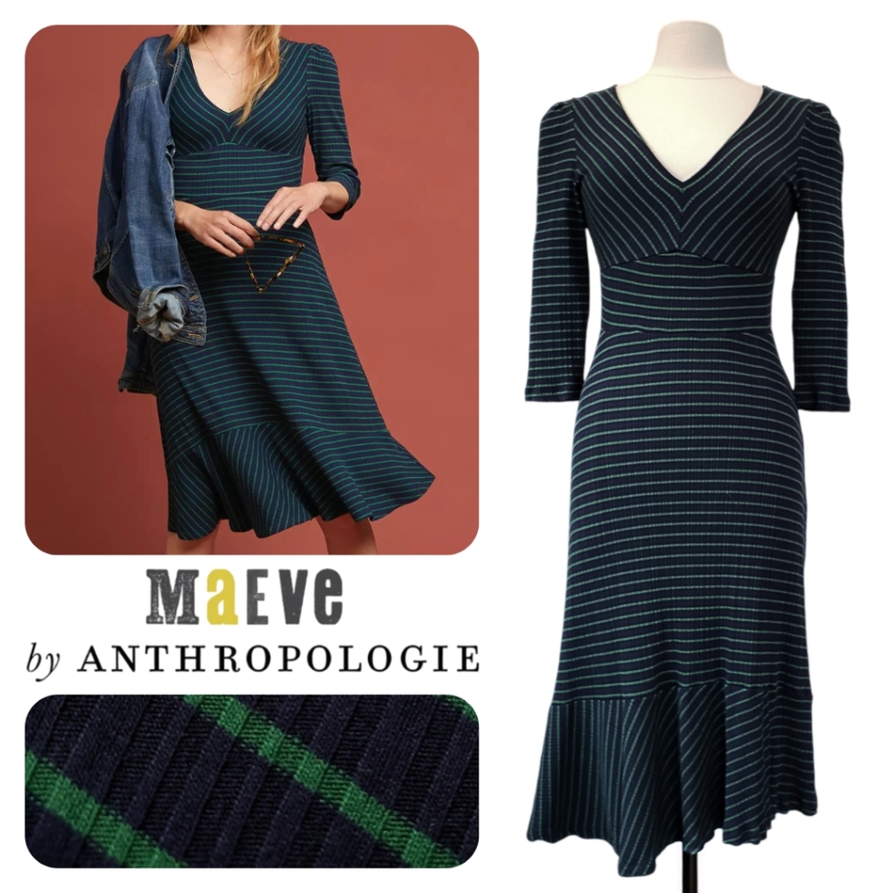 Maeve x Anthropologie | Flores Striped Dress | Blue & Green | Medium